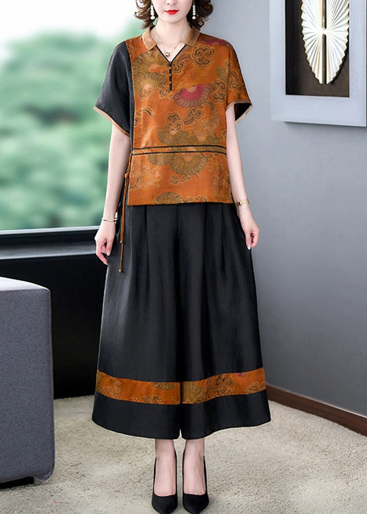 Yellow Print Tops and Pants Silk Two Piece Set Outfits Summer