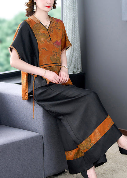 Yellow Print Tops and Pants Silk Two Piece Set Outfits Summer