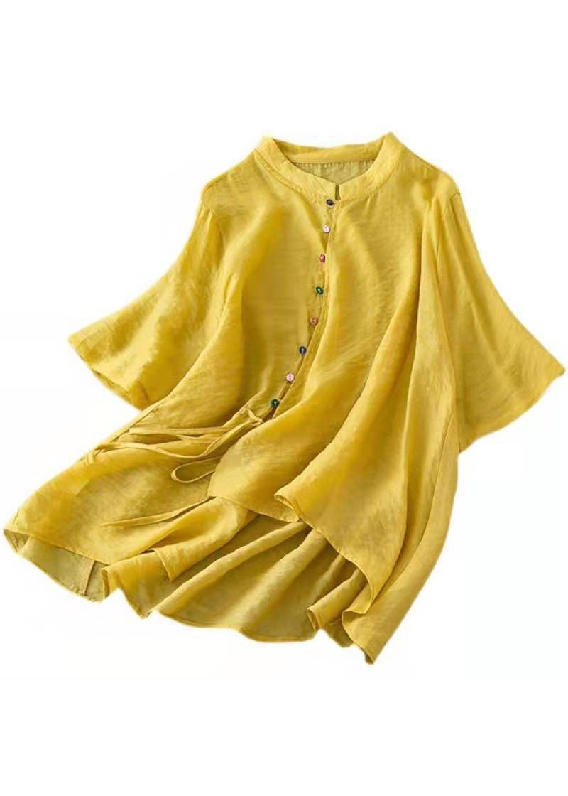Yellow Stand Collar Asymmetrical Design Shirt Top Half Sleeve