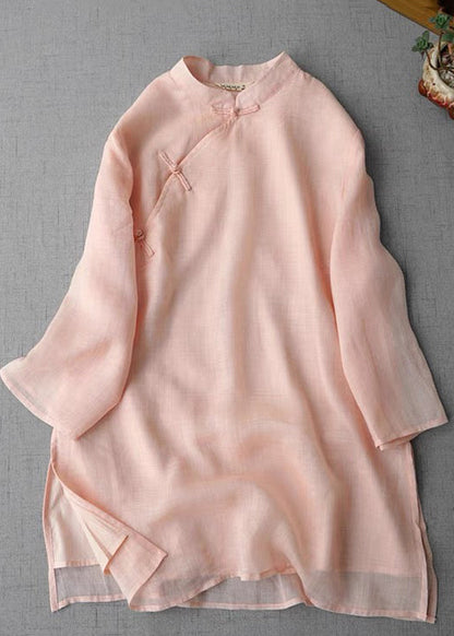 Yellow Stand Collar Chinese Button Linen Shirt Bracelet Sleeve