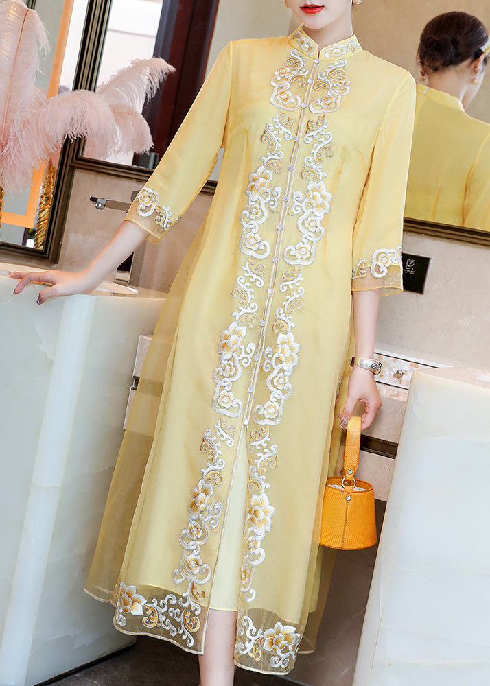 Yellow Stand Collar Embroideried Button Party Tulle Maxi Dress Long Sleeve