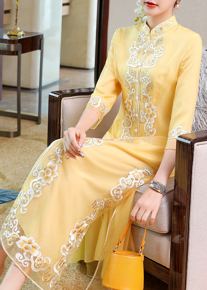 Yellow Stand Collar Embroideried Button Party Tulle Maxi Dress Long Sleeve