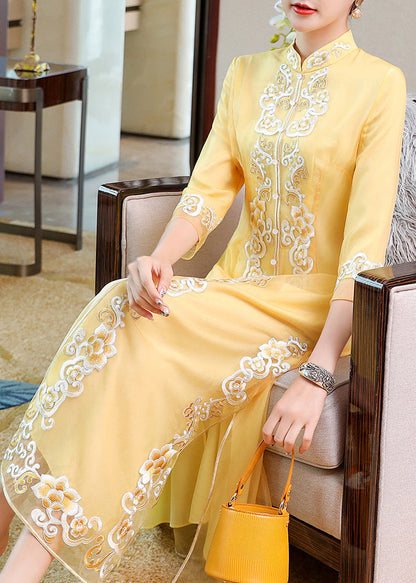 Yellow Stand Collar Embroideried Button Party Tulle Maxi Dress Long Sleeve