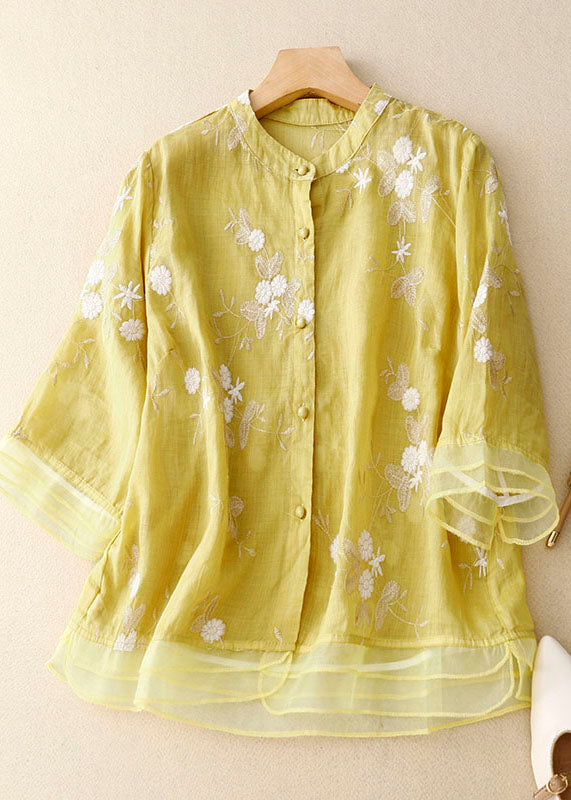Blue Flower Stand Collar Embroidered Patchwork Cotton Shirts Bracelet Sleeve