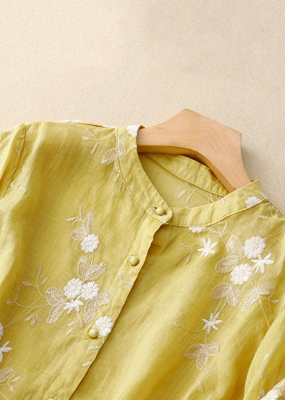 Blue Flower Stand Collar Embroidered Patchwork Cotton Shirts Bracelet Sleeve