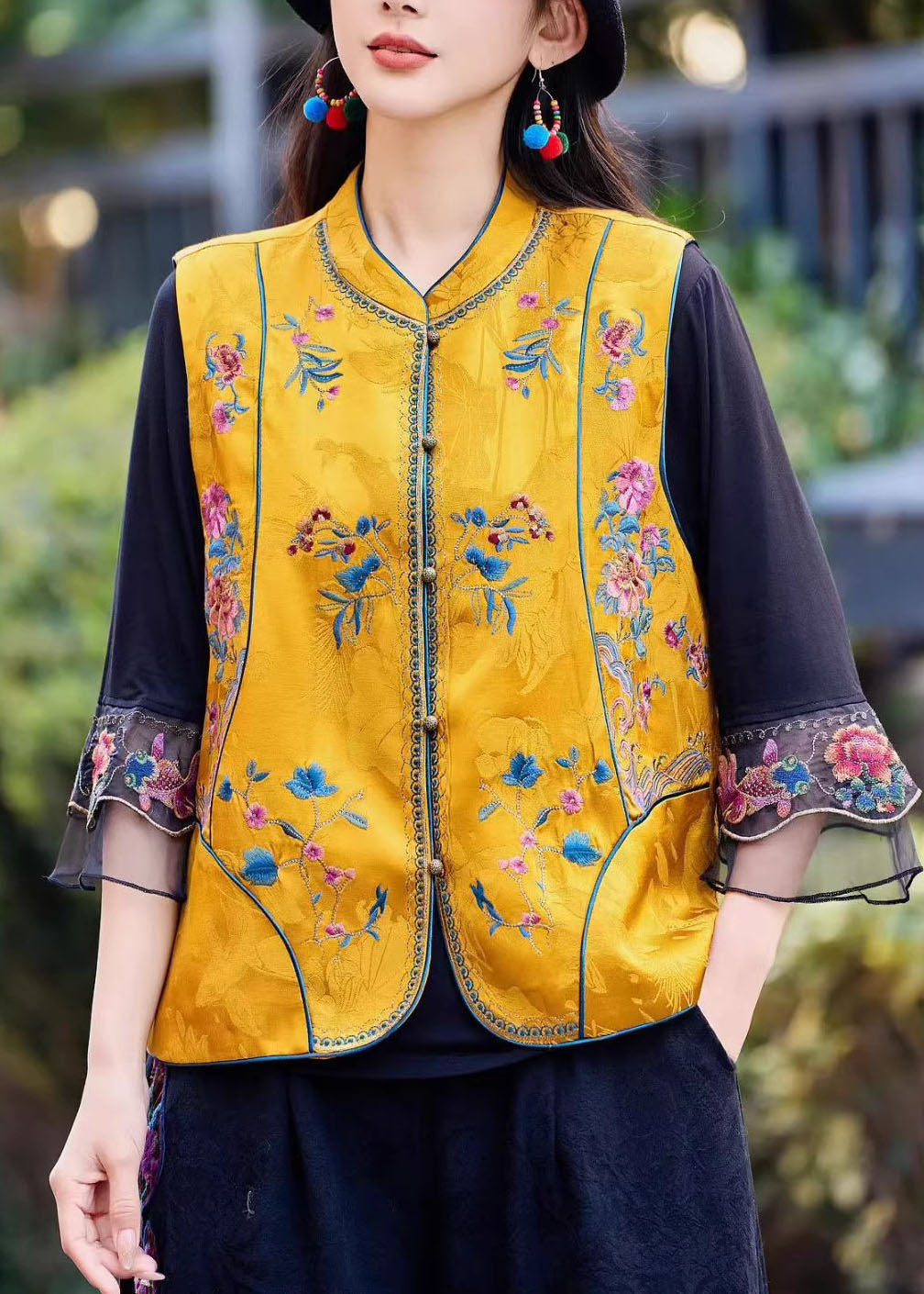 Yellow Stand Collar Embroideried Silk Vest Sleeveless