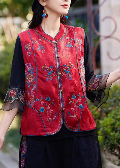 Yellow Stand Collar Embroideried Silk Vest Sleeveless