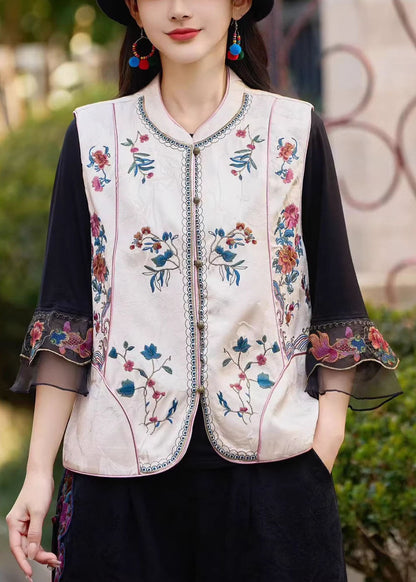 Yellow Stand Collar Embroideried Silk Vest Sleeveless