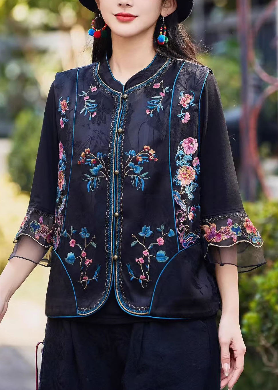 Yellow Stand Collar Embroideried Silk Vest Sleeveless