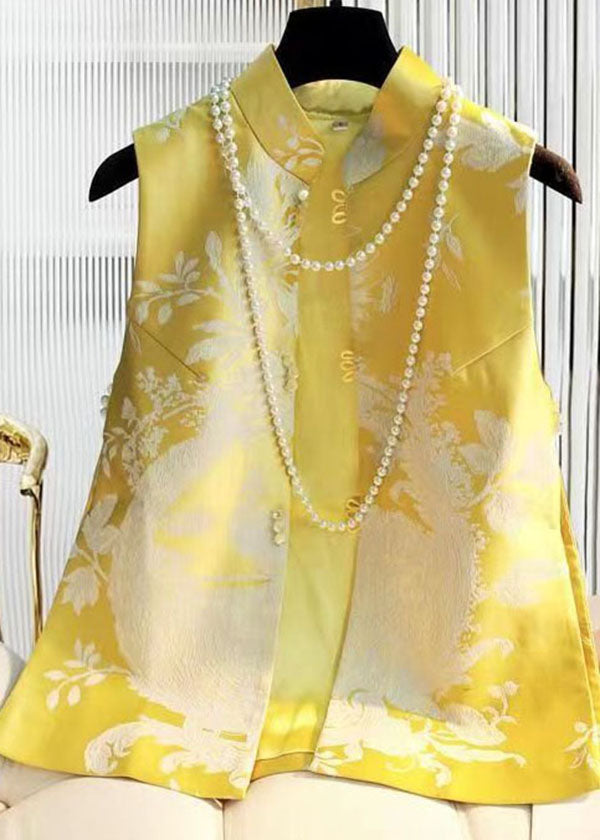 Yellow Stand Collar Jacquard Silk Top Sleeveless