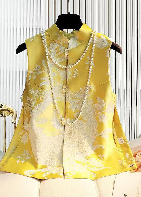 Yellow Stand Collar Jacquard Silk Top Sleeveless