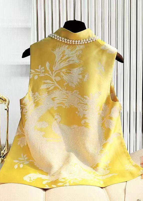 Yellow Stand Collar Jacquard Silk Top Sleeveless