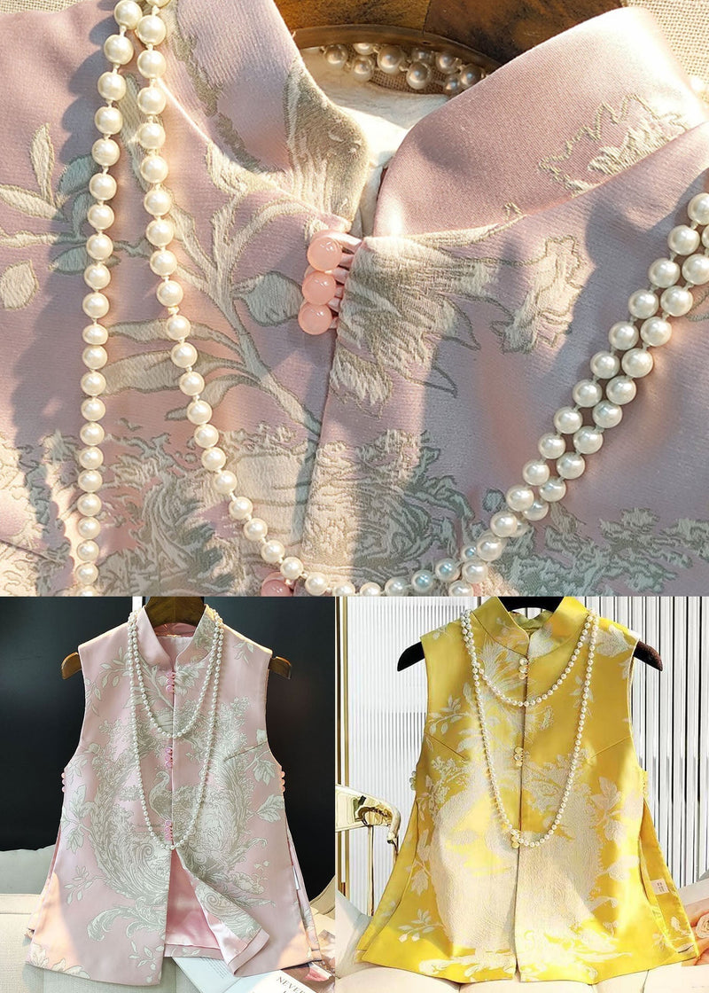 Yellow Stand Collar Jacquard Silk Top Sleeveless
