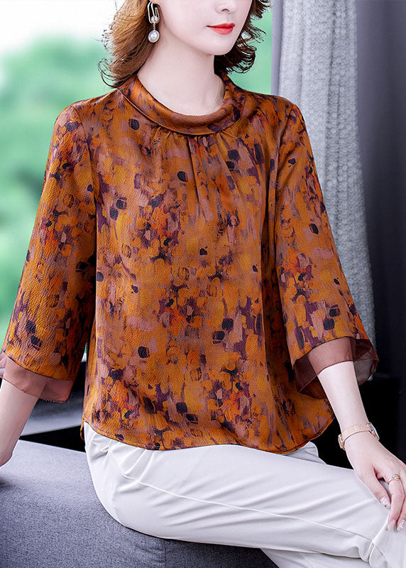 Yellow Stand Collar Zippered Print Silk Shirts Bracelet Sleeve