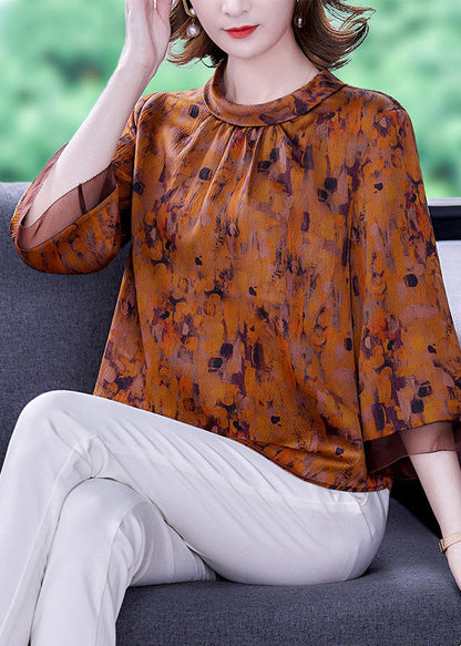 Yellow Stand Collar Zippered Print Silk Shirts Bracelet Sleeve