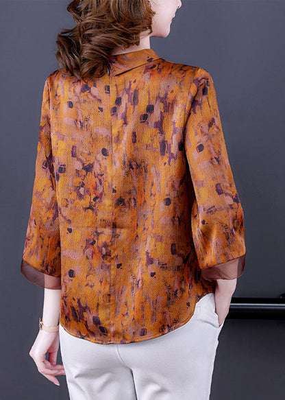 Yellow Stand Collar Zippered Print Silk Shirts Bracelet Sleeve