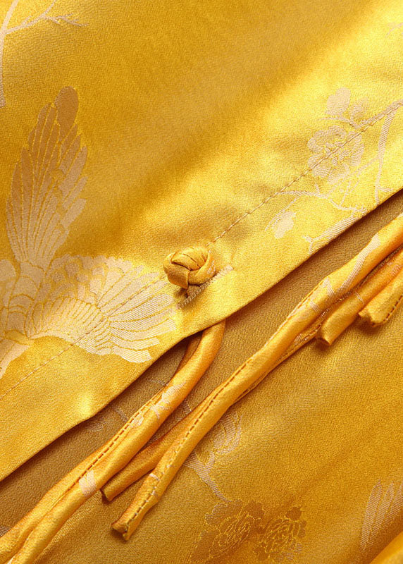 Vintage Yellow Stand Collar button Jacquard Silk tops Spring
