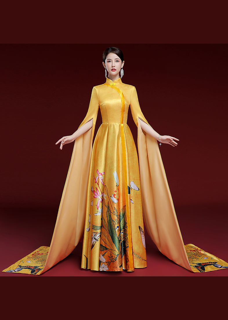 Yellow Standing Neck Printed Pleated Dress Long Sleeve