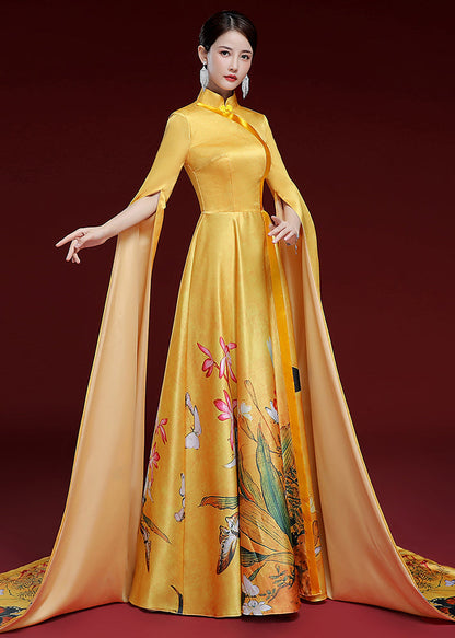 Yellow Standing Neck Printed Pleated Dress Long Sleeve