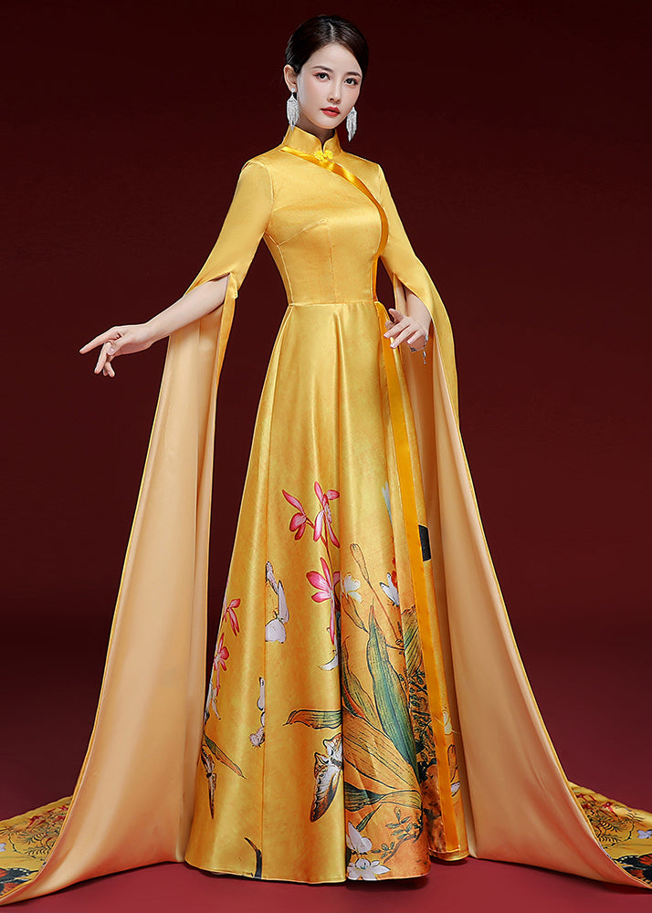 Yellow Standing Neck Printed Pleated Dress Long Sleeve