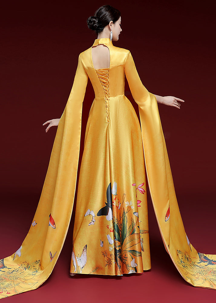 Yellow Standing Neck Printed Pleated Dress Long Sleeve