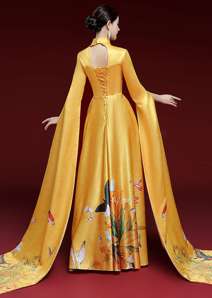 Yellow Standing Neck Printed Pleated Dress Long Sleeve