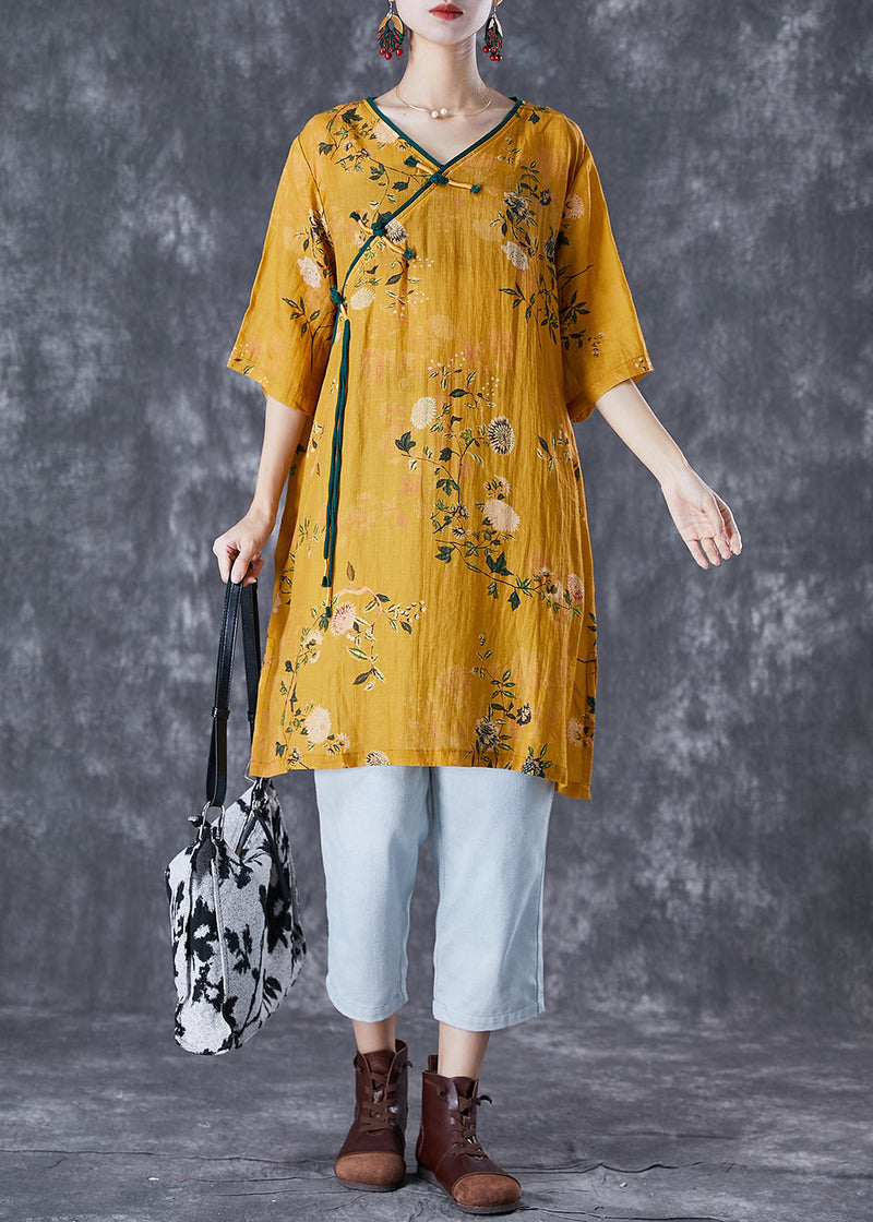 Yellow Tasseled Print Linen Dresses Summer