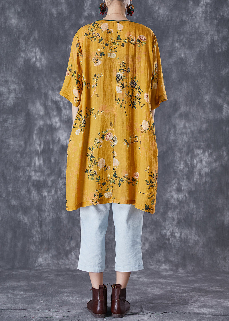 Yellow Tasseled Print Linen Dresses Summer