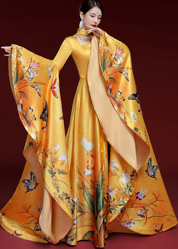 Yellow Tassels Butterfly Print Long Dress Long Sleeve