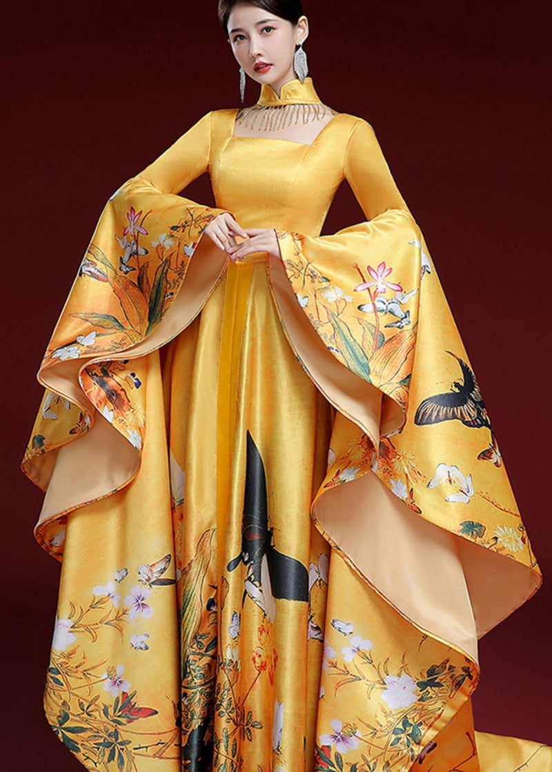 Yellow Tassels Butterfly Print Long Dress Long Sleeve