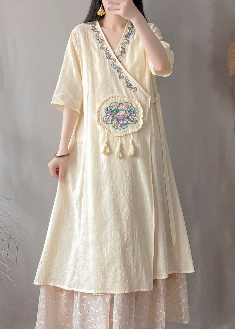 Yellow V Neck Embroidered Lace Up Cotton Cardigan Summer