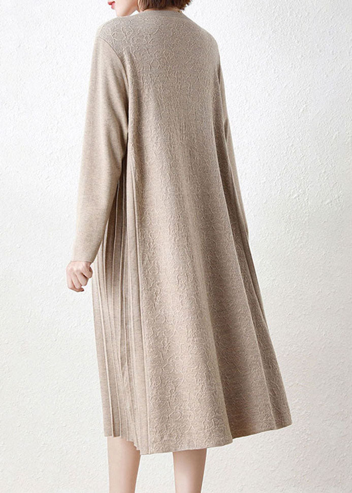 Yellow V Neck Patchwork Wrinkled Woolen Long Knit Dress Long Sleeve