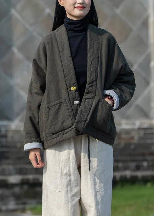 Yellow V Neck Pockets Fine Cotton Filled Coats Winter