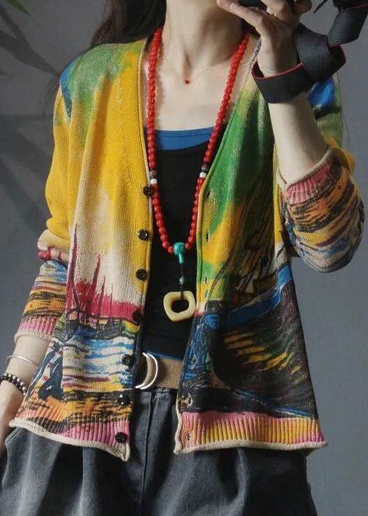 Yellow V Neck Print Knit Loose Cardigan Spring