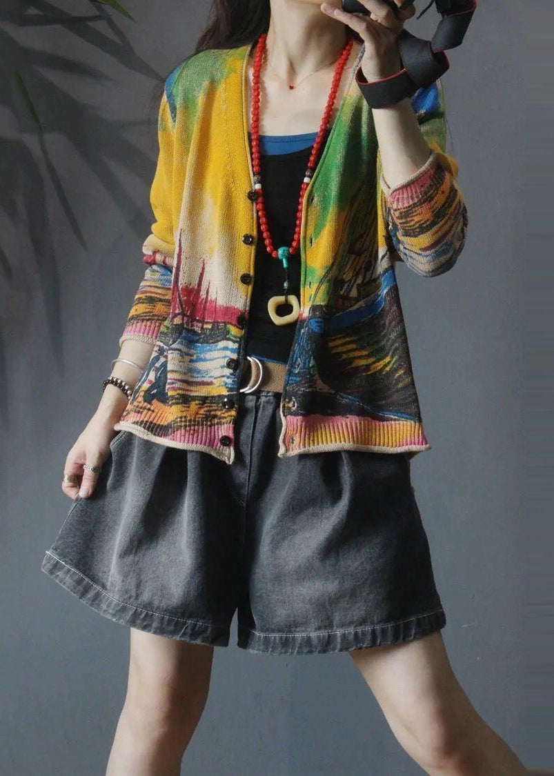 Yellow V Neck Print Knit Loose Cardigan Spring