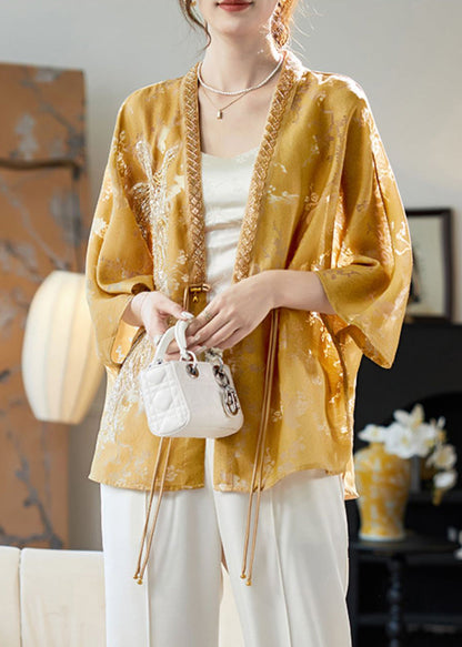 Yellow V Neck Print Nail Bead Loose Cardigans Fall