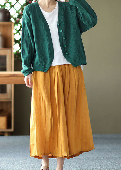 Yellow Wrinkled Patchwork Drawstring Linen Skirts Spring