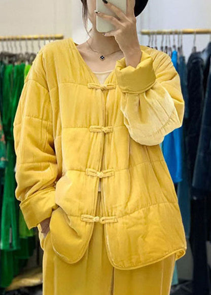 Yellow Button V Neck Fine Cotton Filled Coats Winter