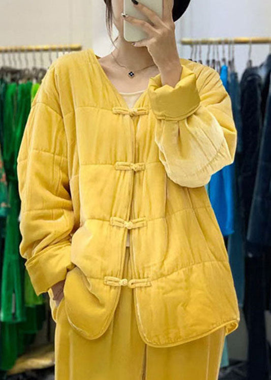 Yellow Button V Neck Fine Cotton Filled Coats Winter