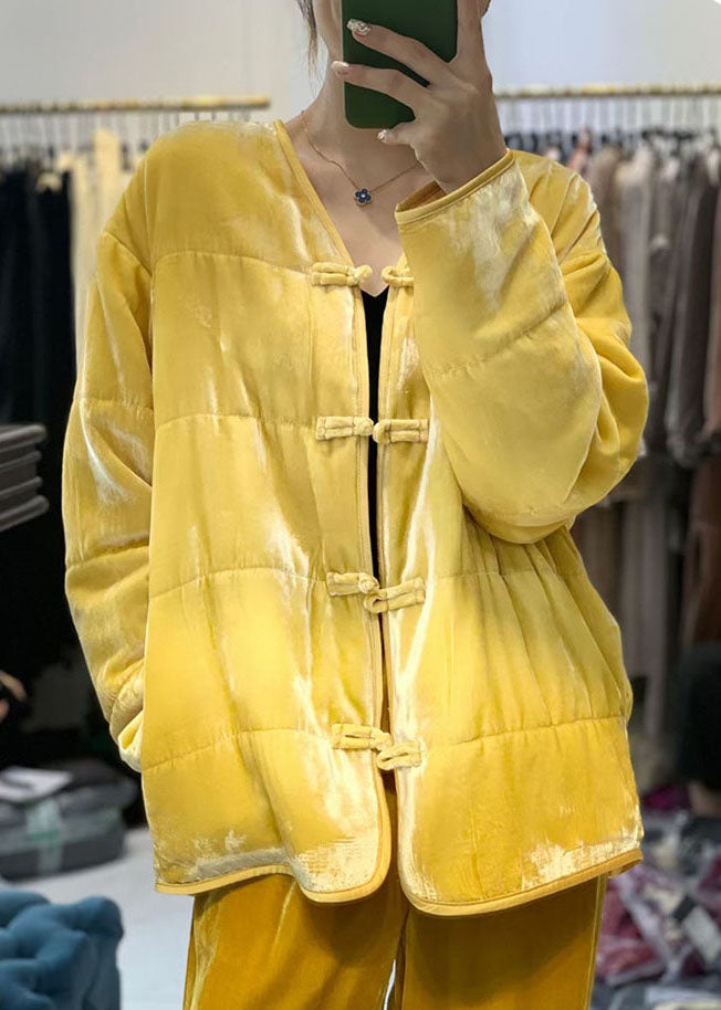 Yellow Button V Neck Fine Cotton Filled Coats Winter