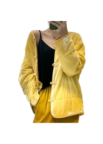 Yellow Button V Neck Fine Cotton Filled Coats Winter