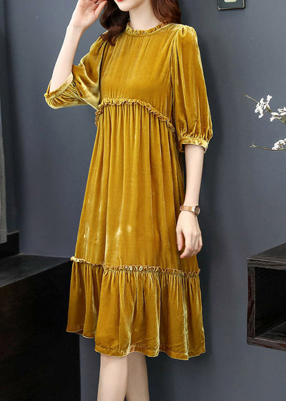 Yellow Wrinkled Velour Dress Half Sleeve