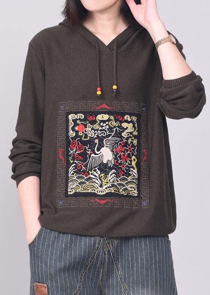 Army Brown Knit Tops Long Sleeve Sweater Hooded
