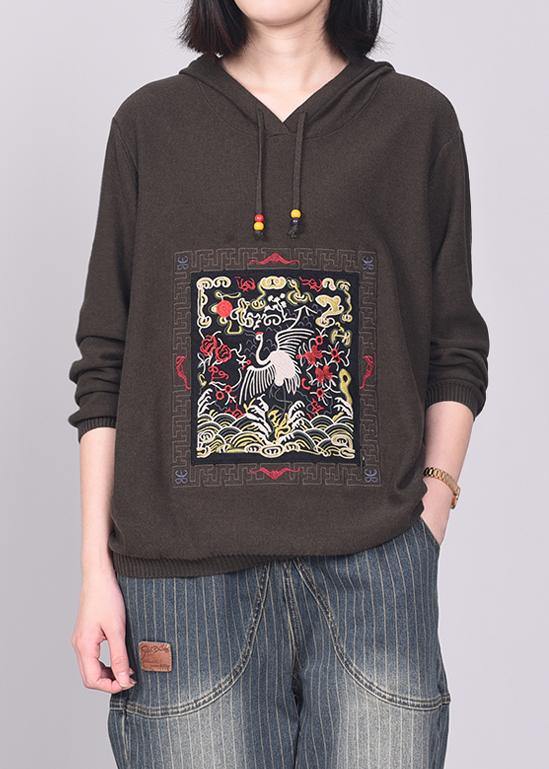 Army Brown Knit Tops Long Sleeve Sweater Hooded