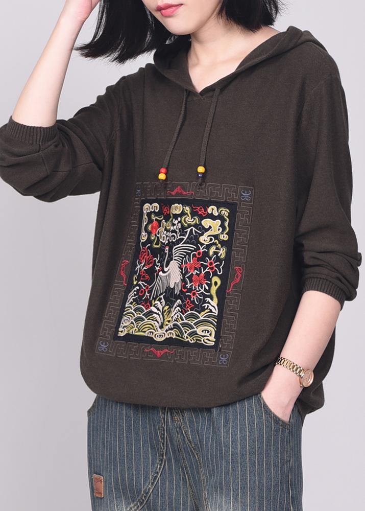 Army Brown Knit Tops Long Sleeve Sweater Hooded