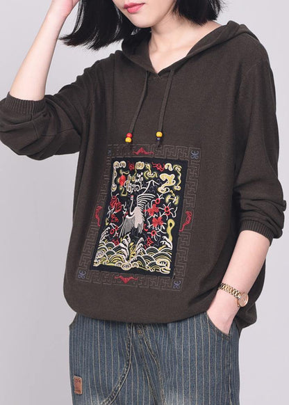 Army Brown Knit Tops Long Sleeve Sweater Hooded