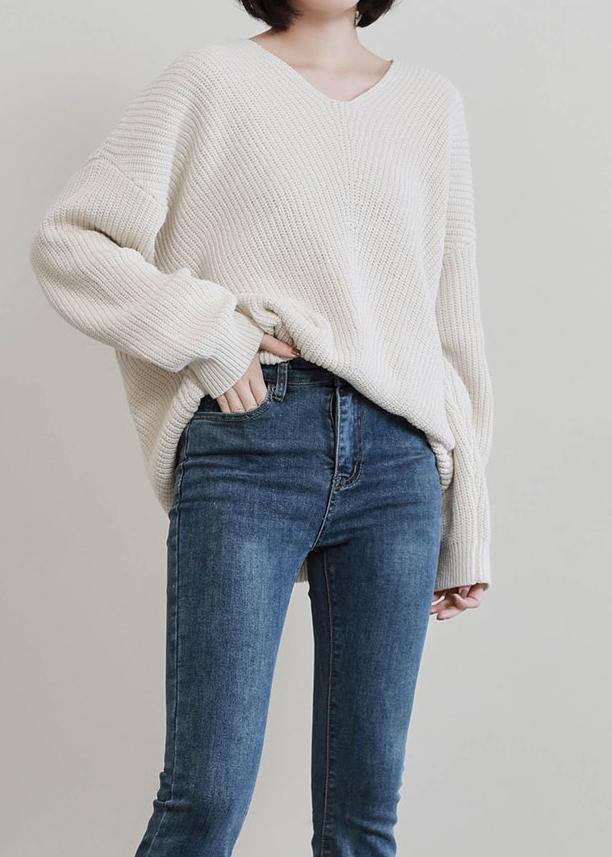 Beige Knit Tops Fall V Neck Batwing Sleeve Knitted T Shirt