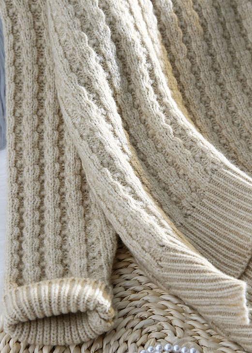 Beige Knitted Pullover Low High Design Clothing Half High Neck Knit Sweat Tops