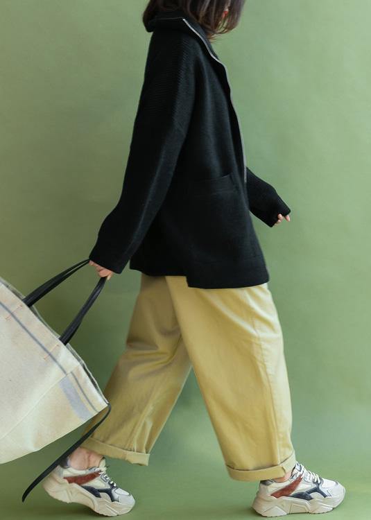 Black Loose Fitting Winter Zippered Knit Outwear