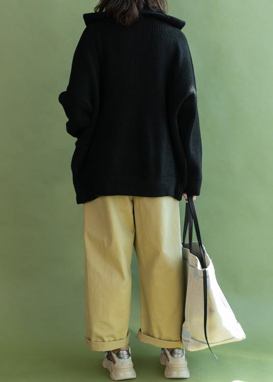 Black Loose Fitting Winter Zippered Knit Outwear